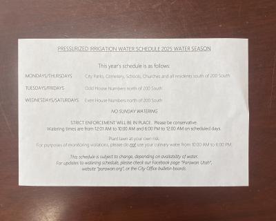 Pressurized Irrigation Water Schedule 2025 Water Season