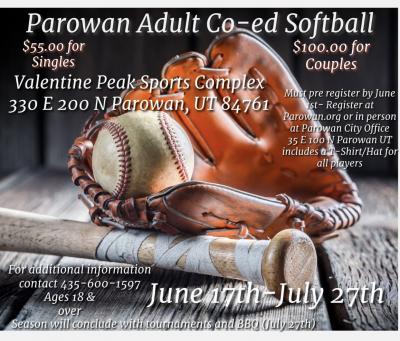 Adult Co-ed Softball sign-ups! 18 & over, contact 435-600-1597 for more information. 